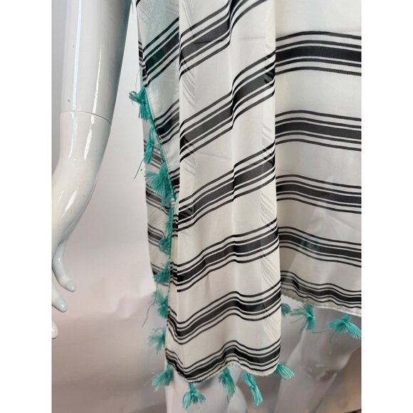 Black & White Striped Lightweight Kaftan With Tassels One Size 100% Polyester Wo - Picture 5 of 16